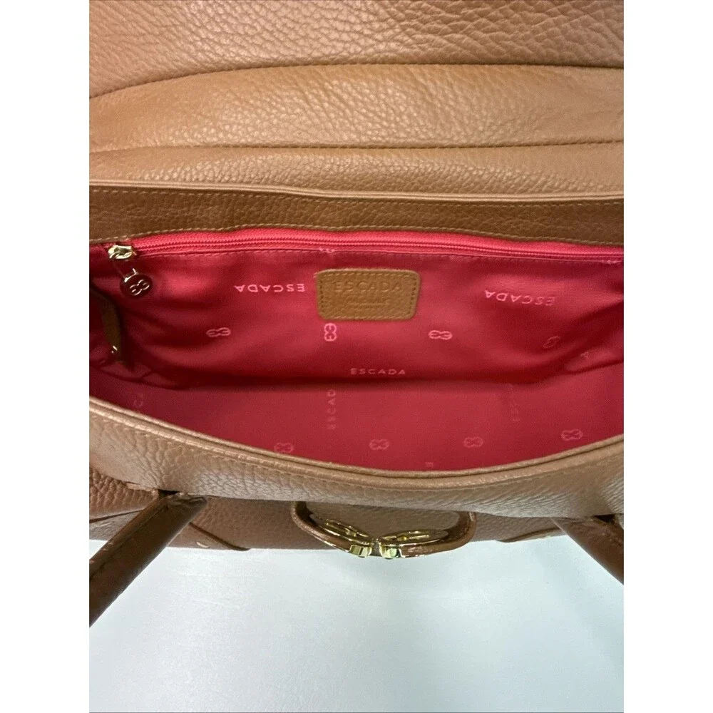 Escada Brown Pebble Leather Stitch Trim Front Flap Gold Hardware Satchel Handbag